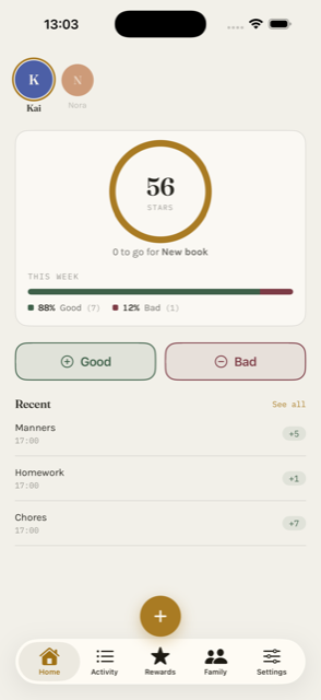 Tally home screen showing a child's star balance and recent activity