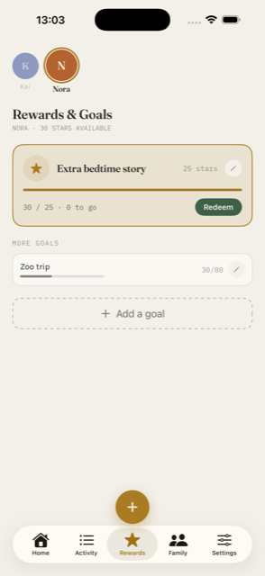 Rewards and goals screen in Tally